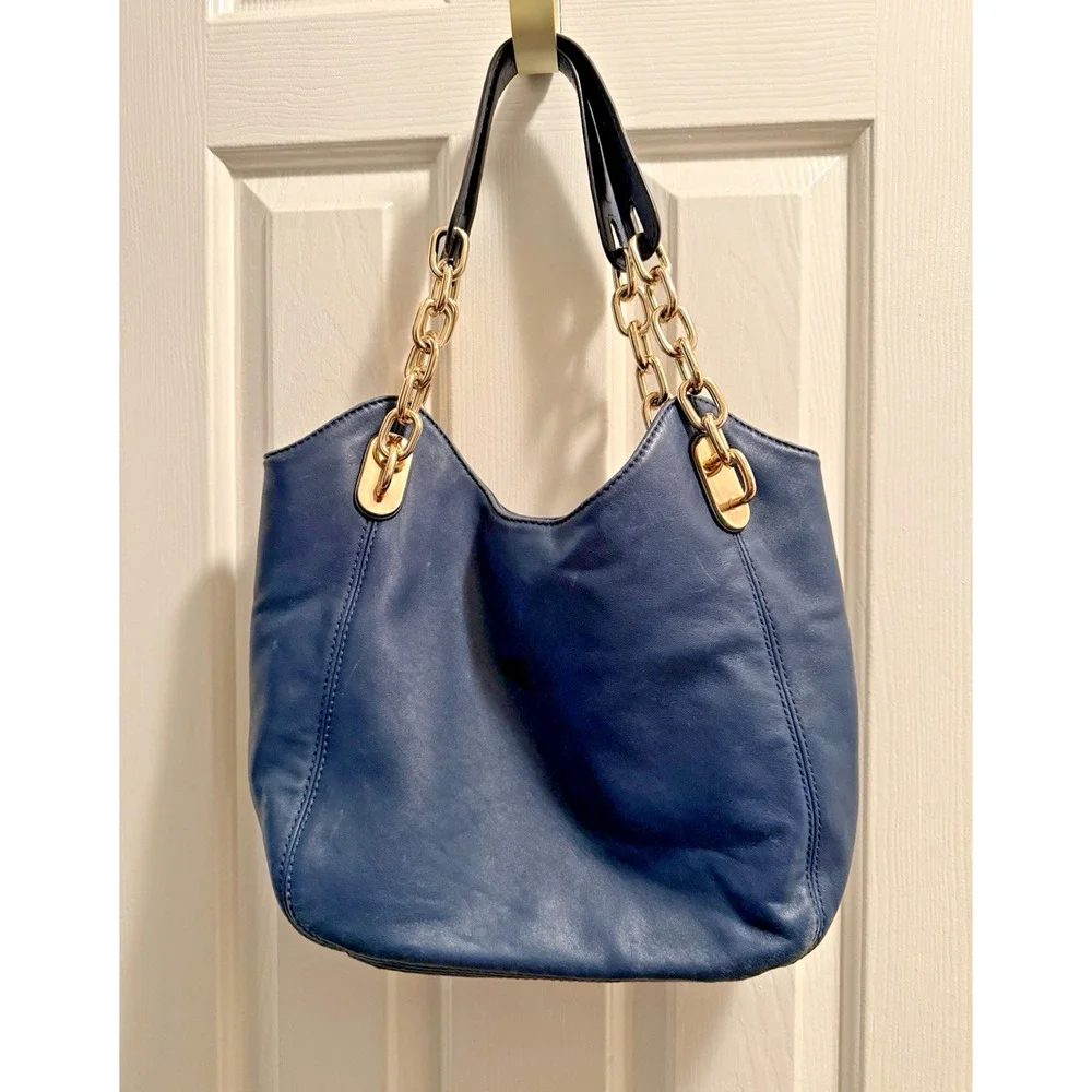 Michael Kors Fulton Large Navy Blue Pebbled Leather Hobo Shoulder Bag Gold
